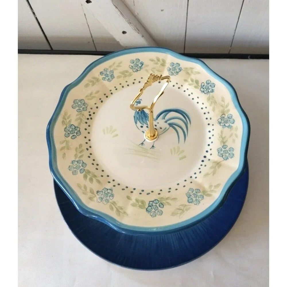 Custom 2 Tier Cake Stand Cottage Core Blue Floral Rooster Country
